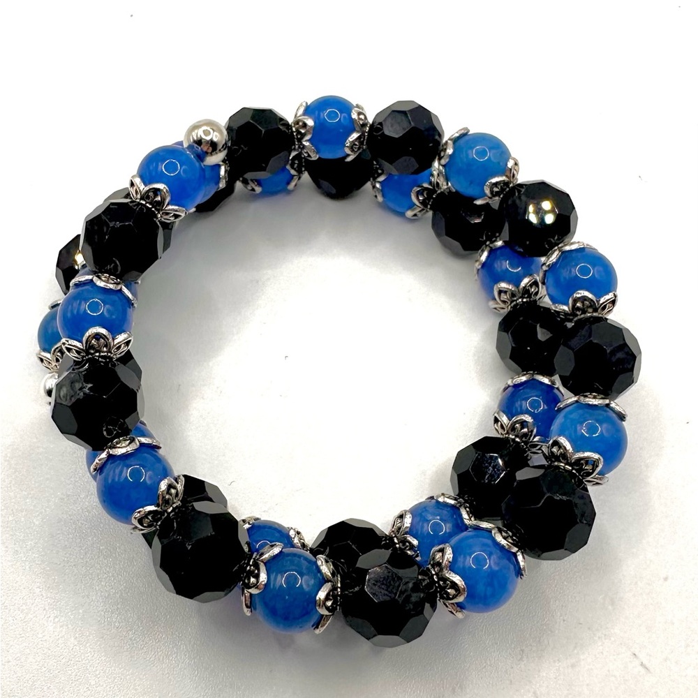 Elegant Black & Blue Glass Beaded Stretchy Bracelet, Never Used, New Condition
